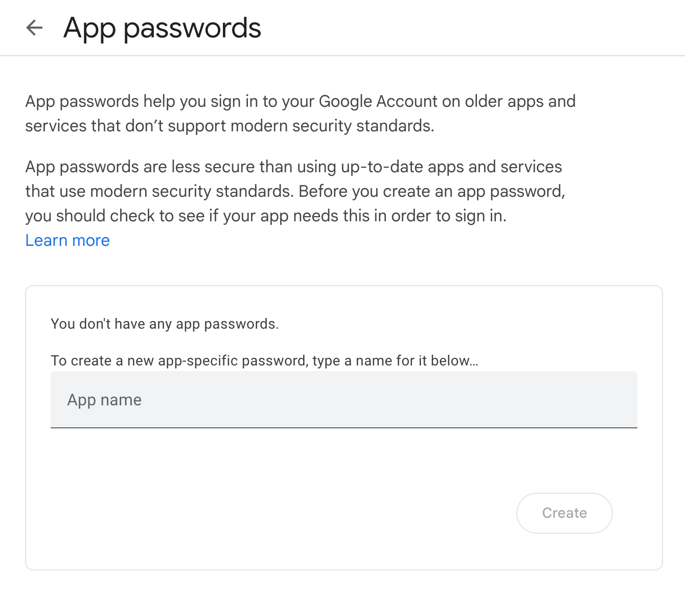 A screenshot of the Google app passwords page