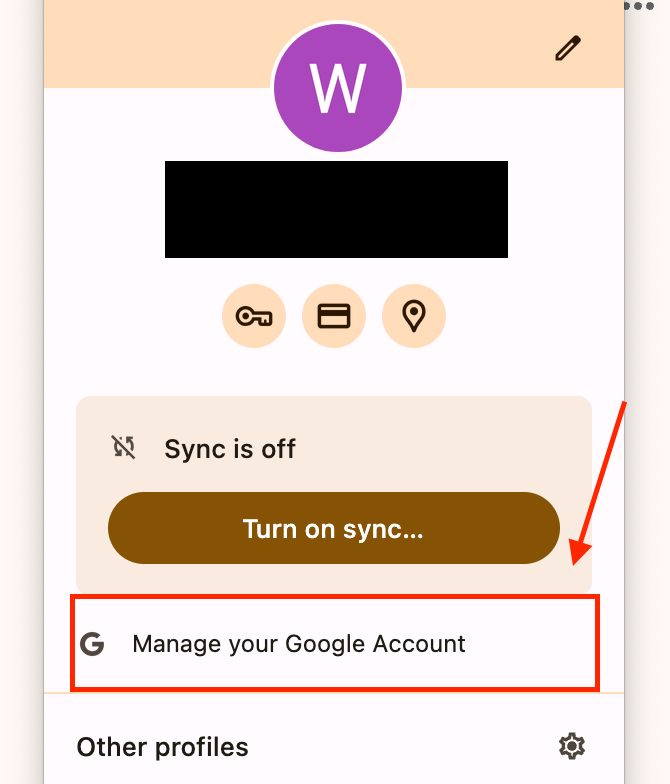 A screenshot of the Chrome profile menu, highlighting "Manage your Google Account"