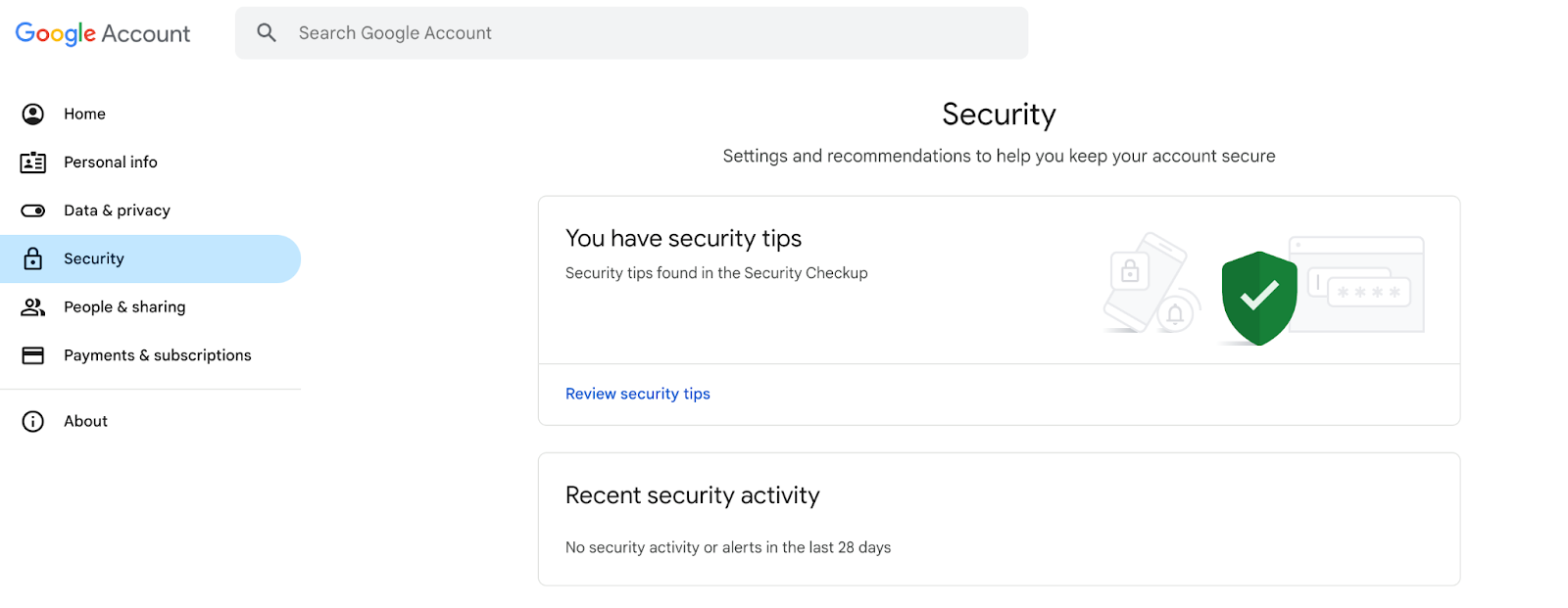 A screenshot of the Google account settings page