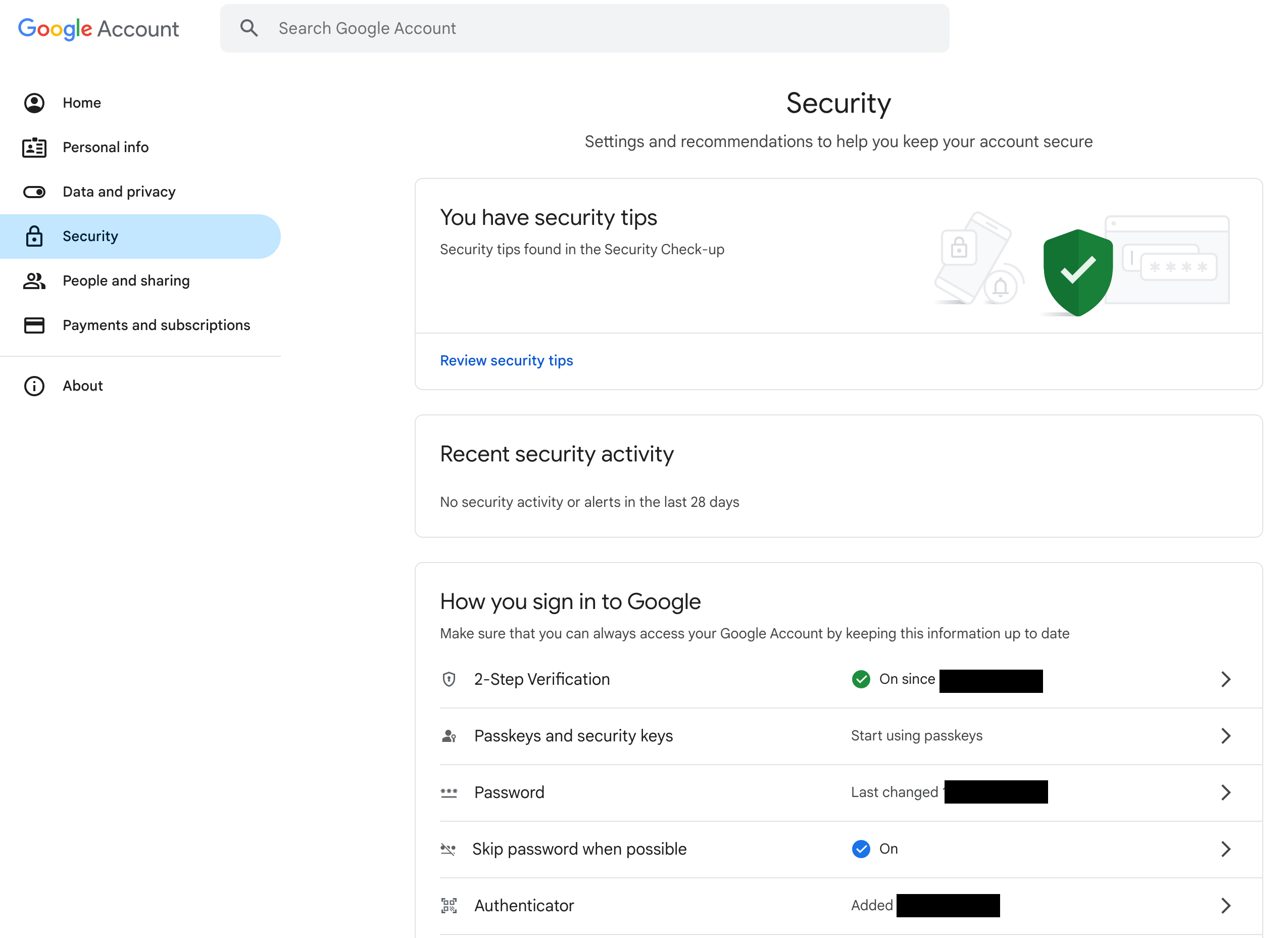 A screenshot of the Google security settings page