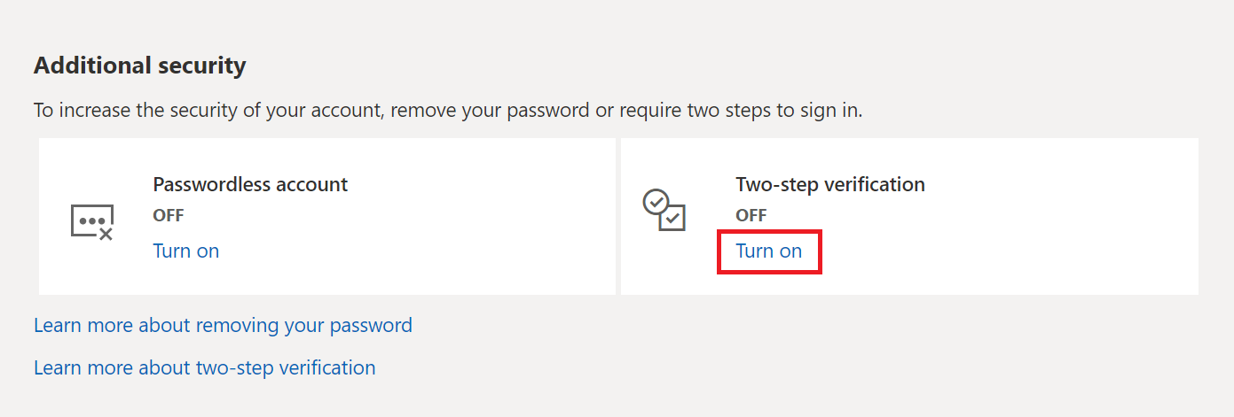 A screenshot of the Microsoft "Additional security" section