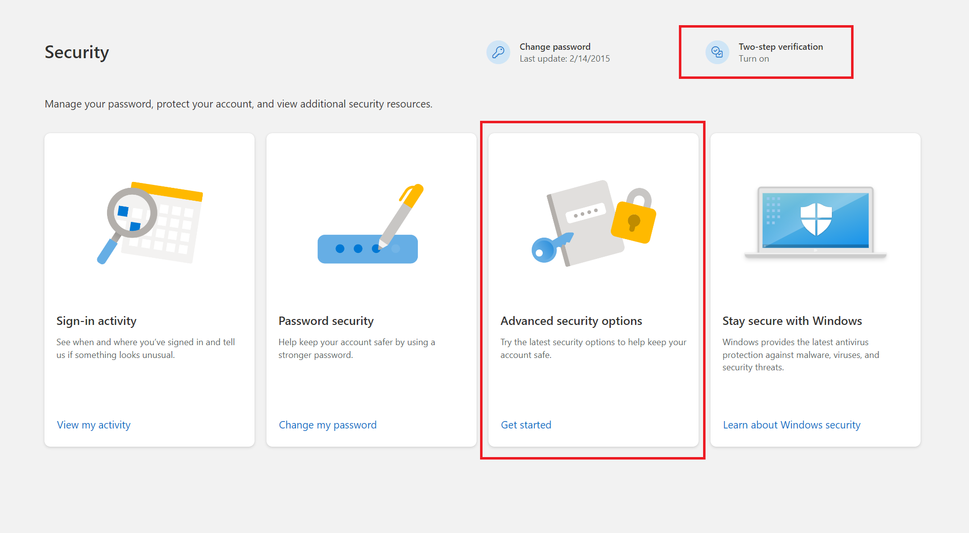 A screenshot of the Microsoft account security page, highlighting "Advanced security options" and "Turn on two-step authentication"